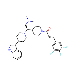 CN(C)C[C@@H](C1CCN(C(=O)/C=C/c2cc(F)c(F)c(F)c2)CC1)N1CCC(c2c[nH]c3ccccc23)CC1 ZINC000029046159