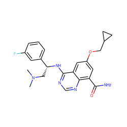 CN(C)C[C@@H](Nc1ncnc2c(C(N)=O)cc(OCC3CC3)cc12)c1cccc(F)c1 ZINC000114349080