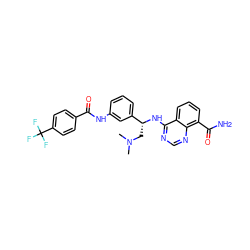 CN(C)C[C@@H](Nc1ncnc2c(C(N)=O)cccc12)c1cccc(NC(=O)c2ccc(C(F)(F)F)cc2)c1 ZINC000114349589