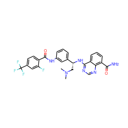 CN(C)C[C@@H](Nc1ncnc2c(C(N)=O)cccc12)c1cccc(NC(=O)c2ccc(C(F)(F)F)cc2F)c1 ZINC000114346075