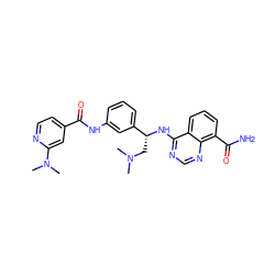 CN(C)C[C@@H](Nc1ncnc2c(C(N)=O)cccc12)c1cccc(NC(=O)c2ccnc(N(C)C)c2)c1 ZINC000114346260