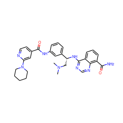 CN(C)C[C@@H](Nc1ncnc2c(C(N)=O)cccc12)c1cccc(NC(=O)c2ccnc(N3CCCCC3)c2)c1 ZINC000114346239