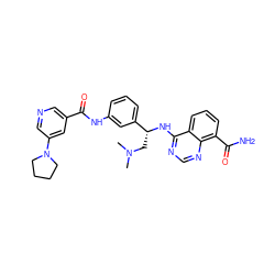 CN(C)C[C@@H](Nc1ncnc2c(C(N)=O)cccc12)c1cccc(NC(=O)c2cncc(N3CCCC3)c2)c1 ZINC000114346281