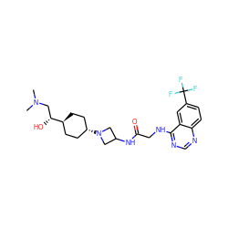 CN(C)C[C@@H](O)[C@H]1CC[C@H](N2CC(NC(=O)CNc3ncnc4ccc(C(F)(F)F)cc34)C2)CC1 ZINC000149164976