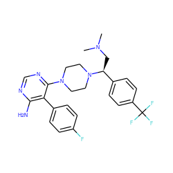 CN(C)C[C@@H](c1ccc(C(F)(F)F)cc1)N1CCN(c2ncnc(N)c2-c2ccc(F)cc2)CC1 ZINC000206939756