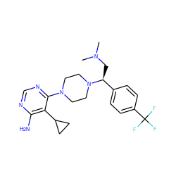 CN(C)C[C@@H](c1ccc(C(F)(F)F)cc1)N1CCN(c2ncnc(N)c2C2CC2)CC1 ZINC000218685995