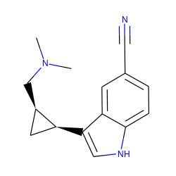 CN(C)C[C@@H]1C[C@@H]1c1c[nH]c2ccc(C#N)cc12 ZINC000013673548