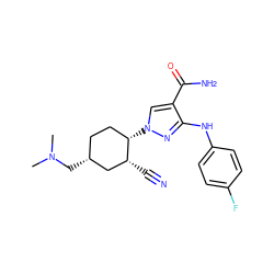 CN(C)C[C@@H]1CC[C@H](n2cc(C(N)=O)c(Nc3ccc(F)cc3)n2)[C@H](C#N)C1 ZINC000222971258