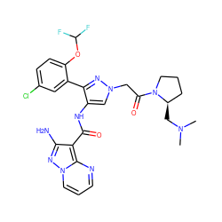 CN(C)C[C@@H]1CCCN1C(=O)Cn1cc(NC(=O)c2c(N)nn3cccnc23)c(-c2cc(Cl)ccc2OC(F)F)n1 ZINC001772612909