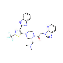 CN(C)C[C@@H]1CN(c2sc(C(F)(F)F)nc2-c2nc3ccccc3[nH]2)CCN1C(=O)Cn1cnc2cccnc21 ZINC000143786294