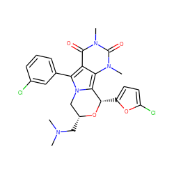 CN(C)C[C@@H]1Cn2c(-c3cccc(Cl)c3)c3c(=O)n(C)c(=O)n(C)c3c2[C@H](c2ccc(Cl)o2)O1 ZINC000209514273
