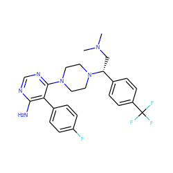 CN(C)C[C@H](c1ccc(C(F)(F)F)cc1)N1CCN(c2ncnc(N)c2-c2ccc(F)cc2)CC1 ZINC000206939800