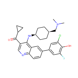 CN(C)C[C@H]1CC[C@@H](Nc2c(C(=O)C3CC3)cnc3ccc(-c4cc(F)c(O)c(Cl)c4)cc23)CC1 ZINC000473215511