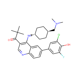 CN(C)C[C@H]1CC[C@H](Nc2c(C(=O)C(C)(C)C)cnc3ccc(-c4cc(F)c(O)c(Cl)c4)cc23)CC1 ZINC000473199359