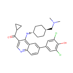 CN(C)C[C@H]1CC[C@H](Nc2c(C(=O)C3CC3)cnc3ccc(-c4cc(Cl)c(O)c(Cl)c4)cc23)CC1 ZINC000473201003