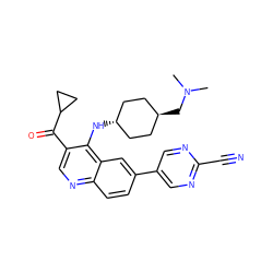 CN(C)C[C@H]1CC[C@H](Nc2c(C(=O)C3CC3)cnc3ccc(-c4cnc(C#N)nc4)cc23)CC1 ZINC000473210101