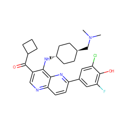 CN(C)C[C@H]1CC[C@H](Nc2c(C(=O)C3CCC3)cnc3ccc(-c4cc(F)c(O)c(Cl)c4)nc23)CC1 ZINC000473194372