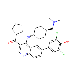 CN(C)C[C@H]1CC[C@H](Nc2c(C(=O)C3CCCC3)cnc3ccc(-c4cc(Cl)c(O)c(Cl)c4)cc23)CC1 ZINC000473197772