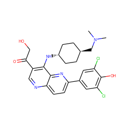 CN(C)C[C@H]1CC[C@H](Nc2c(C(=O)CO)cnc3ccc(-c4cc(Cl)c(O)c(Cl)c4)nc23)CC1 ZINC000473213514