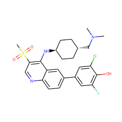 CN(C)C[C@H]1CC[C@H](Nc2c(S(C)(=O)=O)cnc3ccc(-c4cc(F)c(O)c(Cl)c4)cc23)CC1 ZINC000473210139