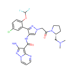 CN(C)C[C@H]1CCCN1C(=O)Cn1cc(NC(=O)c2c(N)nn3cccnc23)c(-c2cc(Cl)ccc2OC(F)F)n1 ZINC001772628005