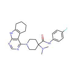 CN(C)C1(C(=O)Nc2ccc(F)cc2)CCN(c2ncnc3[nH]c4c(c23)CCCC4)CC1 ZINC000653850714