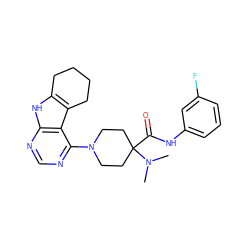 CN(C)C1(C(=O)Nc2cccc(F)c2)CCN(c2ncnc3[nH]c4c(c23)CCCC4)CC1 ZINC000653850701