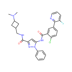 CN(C)C1CC(CNC(=O)c2cc(NC(=O)c3cc(-c4ncccc4F)ccc3Cl)n(-c3ccccc3)n2)C1 ZINC001772606082