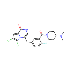 CN(C)C1CCN(C(=O)c2cc(Cc3c[nH]c(=O)c4cc(Cl)c(Cl)n34)ccc2F)CC1 ZINC000045337948