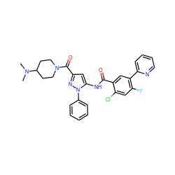 CN(C)C1CCN(C(=O)c2cc(NC(=O)c3cc(-c4ccccn4)c(F)cc3Cl)n(-c3ccccc3)n2)CC1 ZINC001772617520