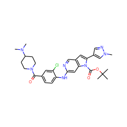 CN(C)C1CCN(C(=O)c2ccc(Nc3cc4c(cn3)cc(-c3cnn(C)c3)n4C(=O)OC(C)(C)C)c(Cl)c2)CC1 ZINC000103250487