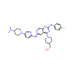 CN(C)C1CCN(c2ccc(Nc3cc4c(N5CCC(CO)CC5)nc(Nc5ccc(F)cc5)nc4cn3)nc2)CC1 ZINC001772572763