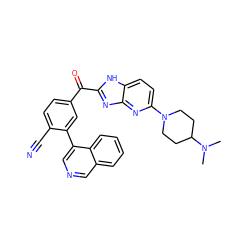 CN(C)C1CCN(c2ccc3[nH]c(C(=O)c4ccc(C#N)c(-c5cncc6ccccc56)c4)nc3n2)CC1 ZINC000084688292