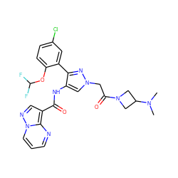 CN(C)C1CN(C(=O)Cn2cc(NC(=O)c3cnn4cccnc34)c(-c3cc(Cl)ccc3OC(F)F)n2)C1 ZINC001772645165