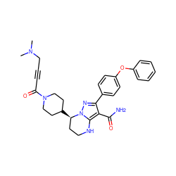 CN(C)CC#CC(=O)N1CCC([C@@H]2CCNc3c(C(N)=O)c(-c4ccc(Oc5ccccc5)cc4)nn32)CC1 ZINC001772629707