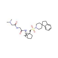 CN(C)CC(=O)NCC(=O)N[C@H]1C[C@H]2CC[C@]1(CS(=O)(=O)N1CCC3(CCc4ccccc43)CC1)C2(C)C ZINC000003923148