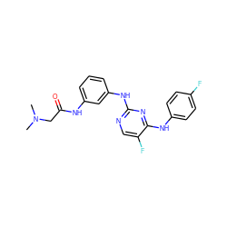 CN(C)CC(=O)Nc1cccc(Nc2ncc(F)c(Nc3ccc(F)cc3)n2)c1 ZINC000653775412