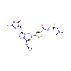 CN(C)CC(C)(C)CNC(=O)c1cc(-c2cc(NC3CC3)n3ncc(/C=C4\NC(=O)NC4=O)c3n2)cs1 ZINC000205023808