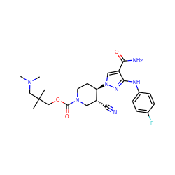 CN(C)CC(C)(C)COC(=O)N1CC[C@@H](n2cc(C(N)=O)c(Nc3ccc(F)cc3)n2)[C@H](C#N)C1 ZINC000221214805