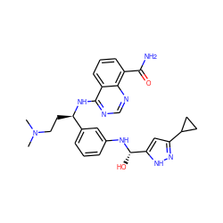 CN(C)CC[C@@H](Nc1ncnc2c(C(N)=O)cccc12)c1cccc(N[C@@H](O)c2cc(C3CC3)n[nH]2)c1 ZINC000166973797