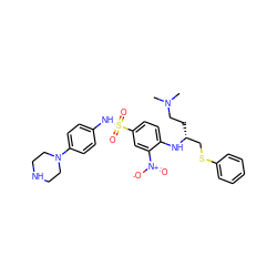 CN(C)CC[C@H](CSc1ccccc1)Nc1ccc(S(=O)(=O)Nc2ccc(N3CCNCC3)cc2)cc1[N+](=O)[O-] ZINC000084758866