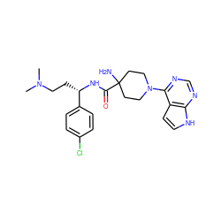 CN(C)CC[C@H](NC(=O)C1(N)CCN(c2ncnc3[nH]ccc23)CC1)c1ccc(Cl)cc1 ZINC000095581190