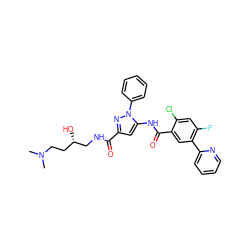 CN(C)CC[C@H](O)CNC(=O)c1cc(NC(=O)c2cc(-c3ccccn3)c(F)cc2Cl)n(-c2ccccc2)n1 ZINC001772607062