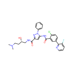 CN(C)CC[C@H](O)CNC(=O)c1cc(NC(=O)c2cc(-c3ncccc3F)ccc2Cl)n(-c2ccccc2)n1 ZINC001772633490