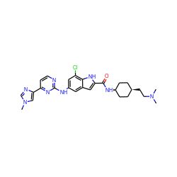 CN(C)CC[C@H]1CC[C@@H](NC(=O)c2cc3cc(Nc4nccc(-c5cn(C)cn5)n4)cc(Cl)c3[nH]2)CC1 ZINC000473179404