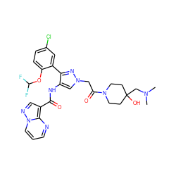 CN(C)CC1(O)CCN(C(=O)Cn2cc(NC(=O)c3cnn4cccnc34)c(-c3cc(Cl)ccc3OC(F)F)n2)CC1 ZINC001772636488