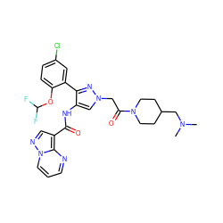 CN(C)CC1CCN(C(=O)Cn2cc(NC(=O)c3cnn4cccnc34)c(-c3cc(Cl)ccc3OC(F)F)n2)CC1 ZINC001772570383