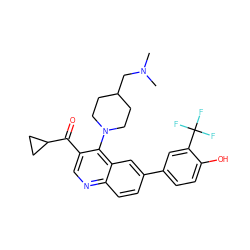 CN(C)CC1CCN(c2c(C(=O)C3CC3)cnc3ccc(-c4ccc(O)c(C(F)(F)F)c4)cc23)CC1 ZINC000114039183