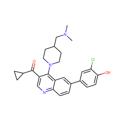 CN(C)CC1CCN(c2c(C(=O)C3CC3)cnc3ccc(-c4ccc(O)c(Cl)c4)cc23)CC1 ZINC000215726075