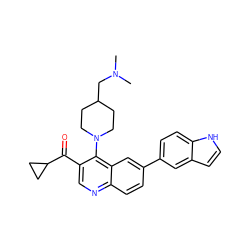 CN(C)CC1CCN(c2c(C(=O)C3CC3)cnc3ccc(-c4ccc5[nH]ccc5c4)cc23)CC1 ZINC000203803669